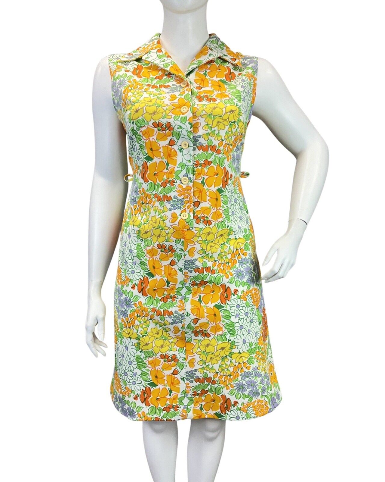 VINTAGE 60s 70s WHITE YELLOW ORANGE FLORAL SLEEVELESS DAGGER SHIRT DRESS 16 18