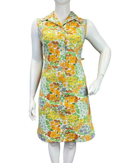 VINTAGE 60s 70s WHITE YELLOW ORANGE FLORAL SLEEVELESS DAGGER SHIRT DRESS 16 18