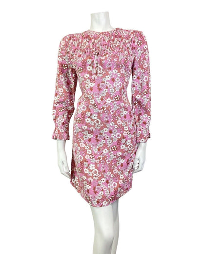 VINTAGE 60s 70s PINK WHITE PURPLE DAISY FLOWER SHIRRED MOD SUMMER DRESS 10 12