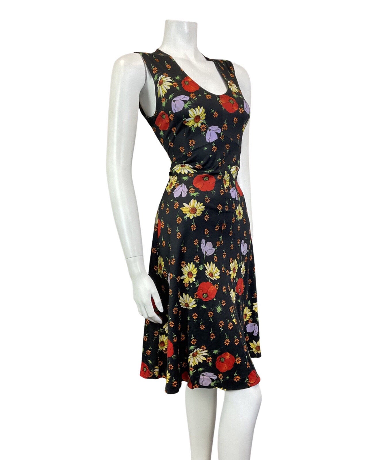 VINTAGE 60s 70s BLACK RED YELLOW FLORAL POPPY SLEEVELESS SUMMER DRESS 10 12
