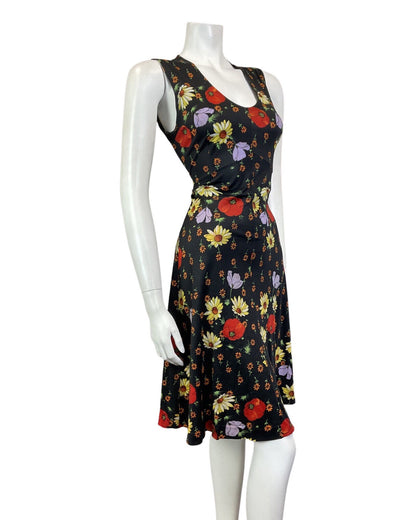 VINTAGE 60s 70s BLACK RED YELLOW FLORAL POPPY SLEEVELESS SUMMER DRESS 10 12