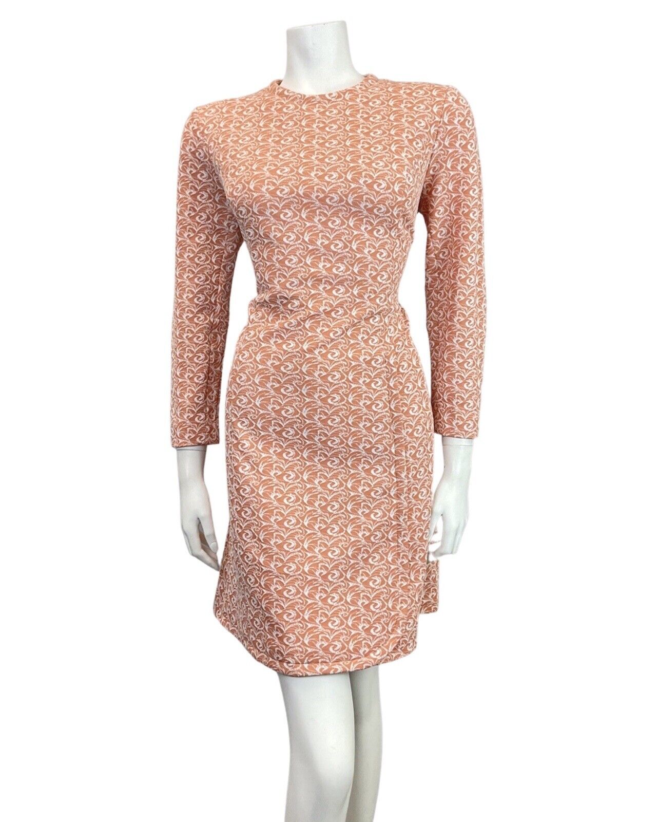 VINTAGE 60s 70s PEACH ORANGE WHITE SWIRL LONG-SLEEVE MOD SHORT DRESS 14 16