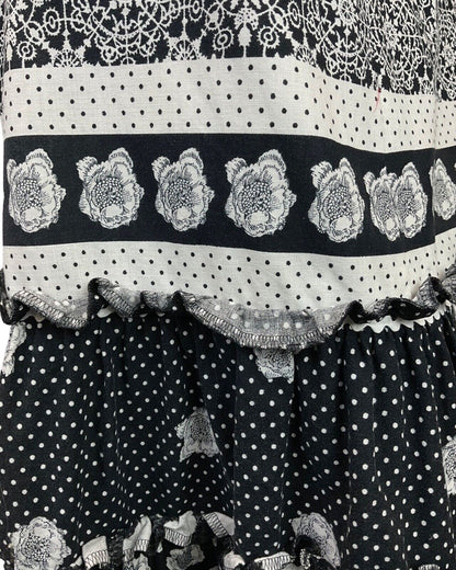 VINTAGE 60s 70s BLACK WHITE FLORAL POLKA-DOT RICRAC MOD RUFFLE DRESS 10