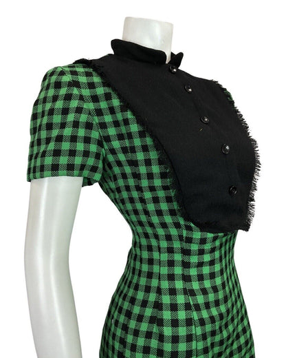 VINTAGE 60s 70s GREEN BLACK GINGHAM CHECKED MOD FITTED DRESS 8 10