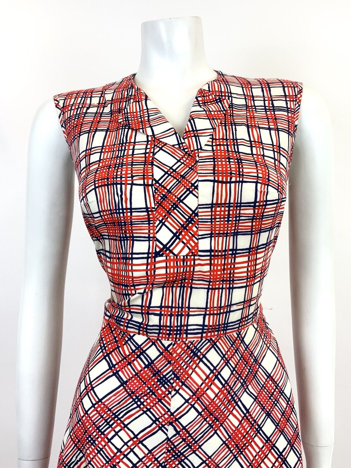 VINTAGE 60s 70s WHITE RED BLUE CHCKED PLAID MOD SLEEVELESS SHIRT DRESS 12 14