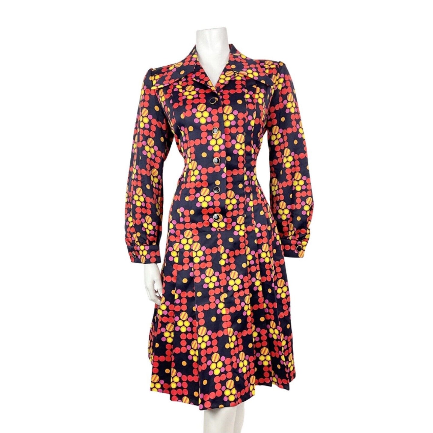 VINTAGE 60s 70s BLUE RED YELLOW PSYCHEDELIC DOTTY MOD DAGGER SHIRT DRESS 14 16
