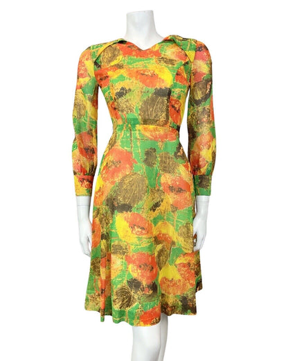 VINTAGE 60s 70s YELLOW RED GREEN FLORAL POPPY SHEER WING COLLAR SHIRT DRESS 4