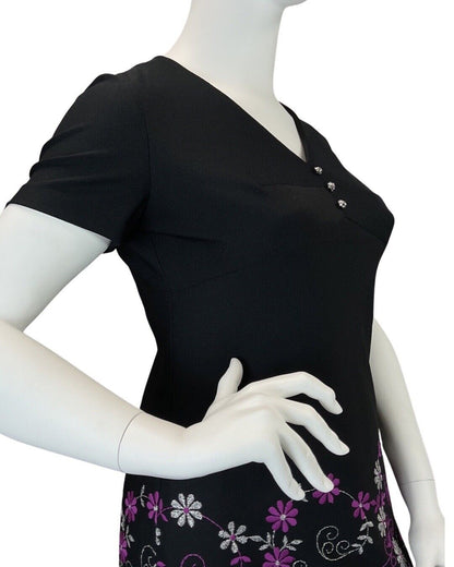 VINTAGE 60s 70s BLACK SILVER PURPLE SWIRLING FLOWER EMBROIDERED MOD DRESS 16