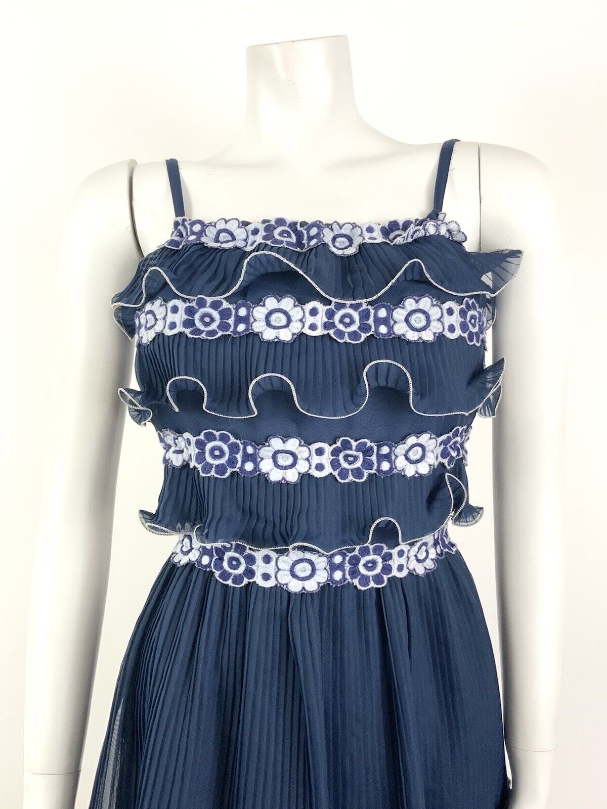 VINTAGE 60s 70s NAVY BLUE WHITE FLORAL PLEATED STRAPPY SUMMER RUFFLE DRESS 4