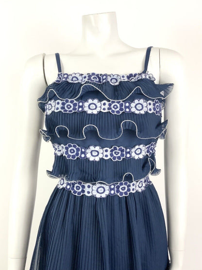 VINTAGE 60s 70s NAVY BLUE WHITE FLORAL PLEATED STRAPPY SUMMER RUFFLE DRESS 4