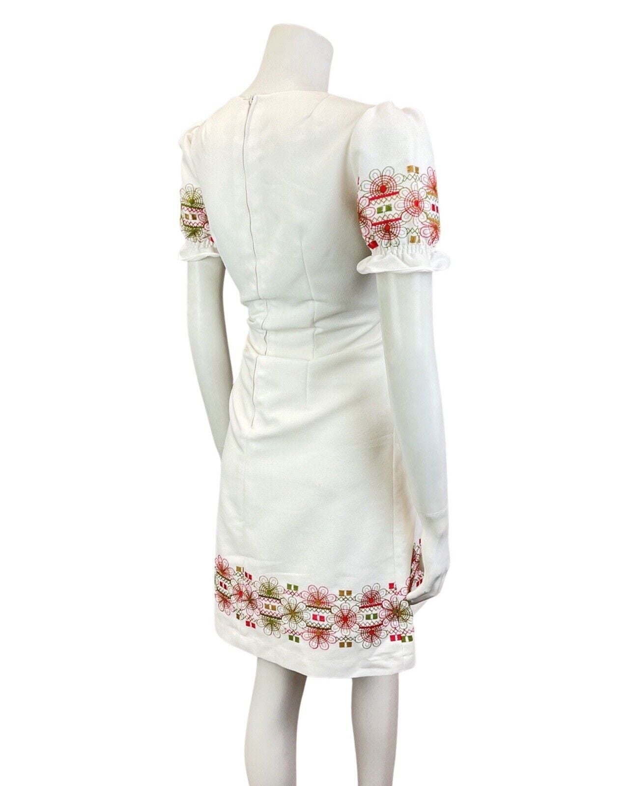 VINTAGE 60s 70s WHITE RED GREEN EMBROIDERED FLORAL PUFF SLEEVE MOD DRESS 8 10