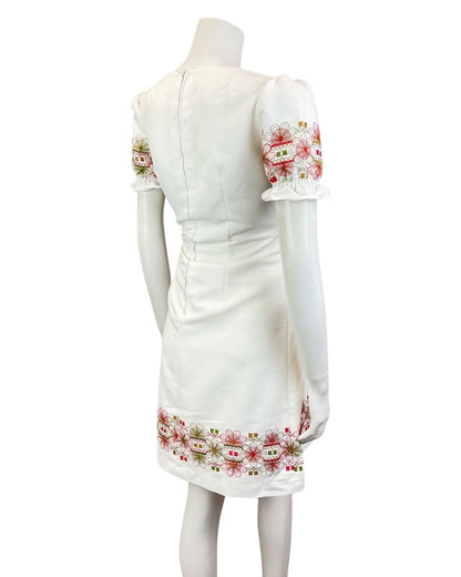 VINTAGE 60s 70s WHITE RED GREEN EMBROIDERED FLORAL PUFF SLEEVE MOD DRESS 8 10