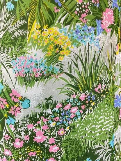 VINTAGE 60s 70s GREEN PINK BLUE GARDEN FLORAL GRASS SHEER FLOATY DRESS 12 14