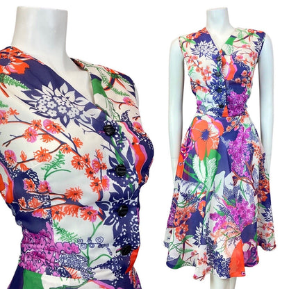 VINTAGE 60s 70s PURPLE GREEN RED FLORAL SLEEVELESS FLOATY SWING DRESS 10 12