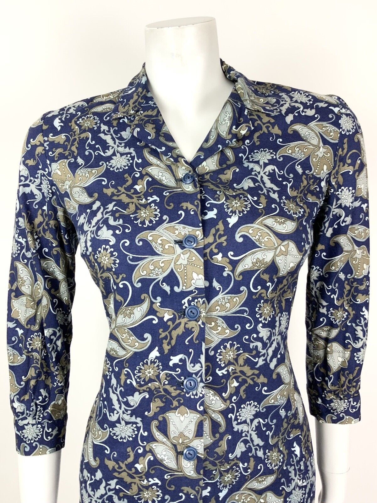 VINTAGE 60s 70s BLUE SILVER BROWN FLORAL PAISLEY PSYCHEDELIC SHIRT DRESS 10
