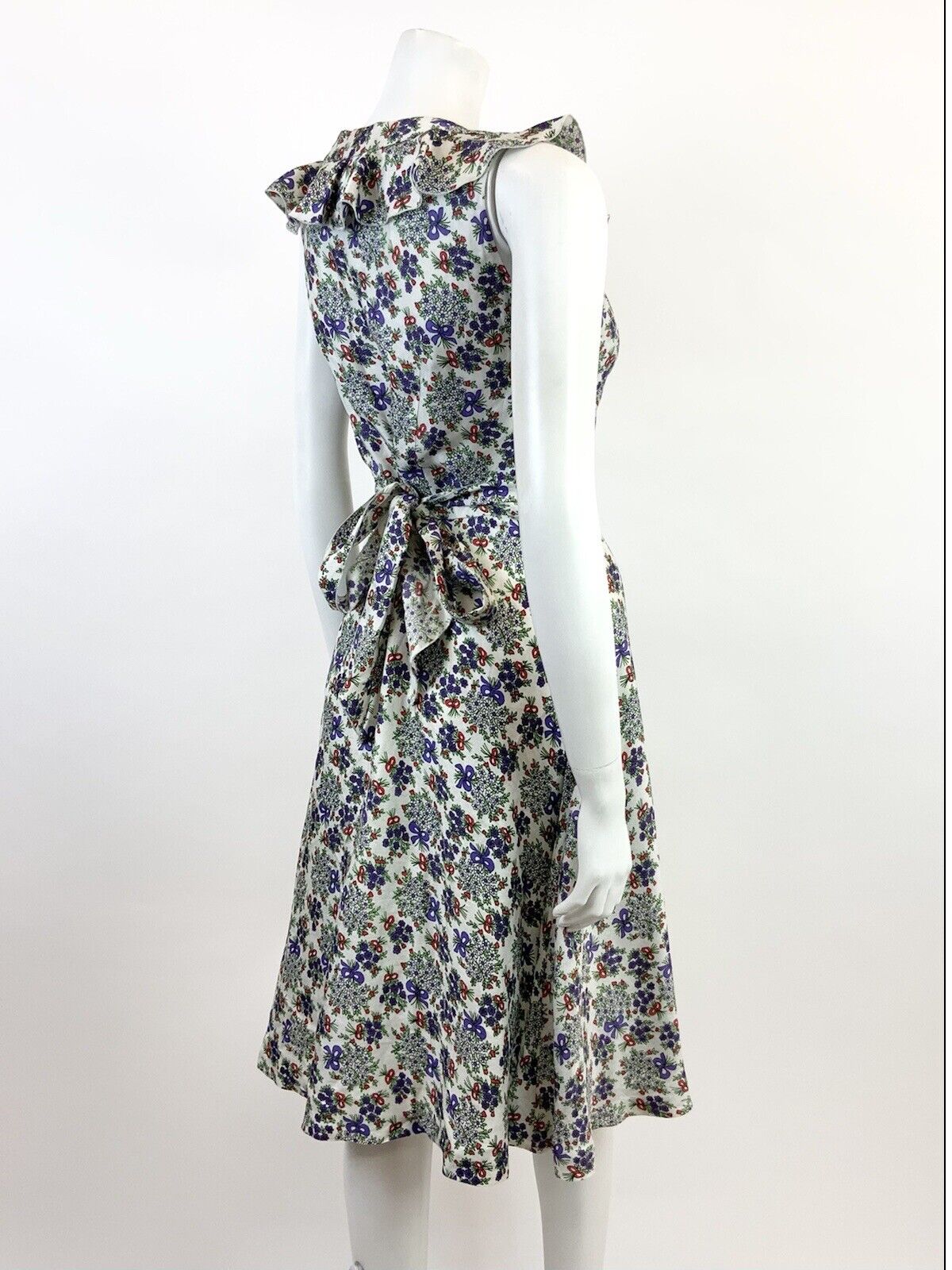 VINTAGE 60s 70s WHITE PURPLE RED GREEN FLORAL BOUQUET BOW RUFFLE DRESS 8