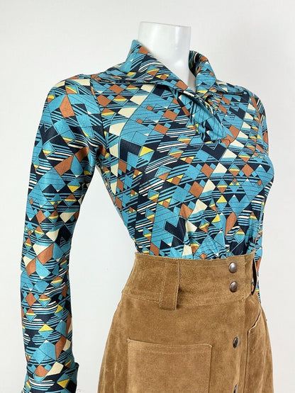 VTG 60s 70s METALLIC BLUE BRONZE CREAM GEOMETRIC CHECKED DAGGER BLOUSE 8 10