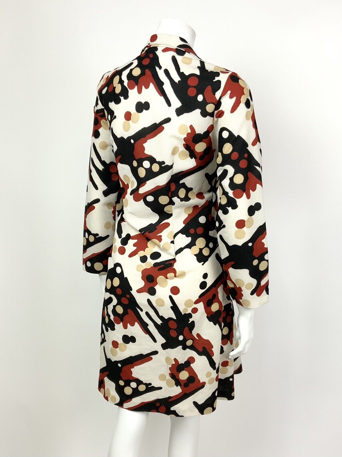 VINTAGE 60s 70s WHITE RED BLACK BEIGE ABSTRACT DOTTY DAGGER SHIRT DRESS 14 16
