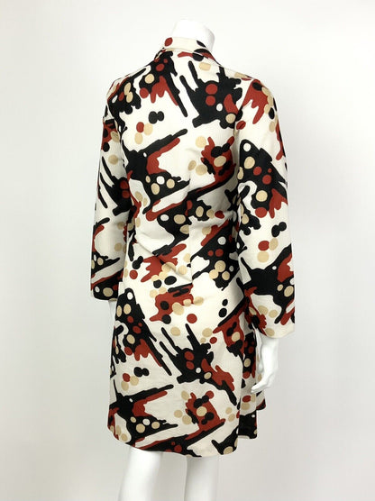 VINTAGE 60s 70s WHITE RED BLACK BEIGE ABSTRACT DOTTY DAGGER SHIRT DRESS 14 16