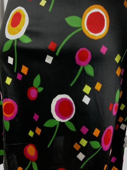 VINTAGE 60s 70s BLACK GREEN RED ORANGE PINK FLORAL SQUARE PSYCHEDELIC DRESS 12