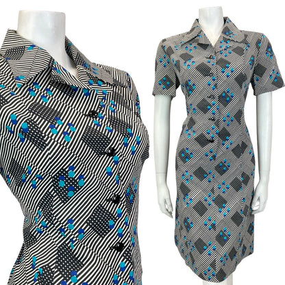 VINTAGE 60s 70s BLACK WHITE BLUE STRIPED GEOMETRIC MOD DAGGER SHIRT DRESS 12 14