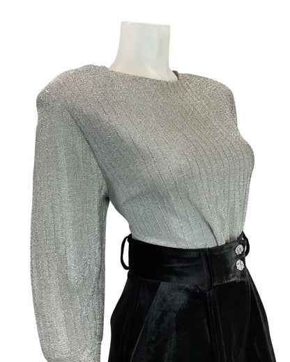VINTAGE 60s 70s SILVER DISCO PARTY LUREX LONG-SLEEVE BLOUSE TOP 14 16