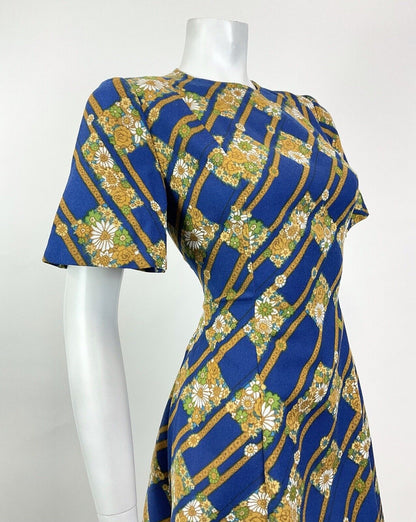 VTG 60s 70s BLUE GOLD BROWN GEOMETRIC DITSY FLORAL MOD SKATER SWING DRESS 8 10