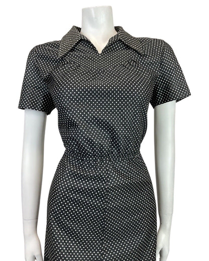 VINTAGE 60s 70s BLACK WHITE YELLOW POLKA-DOT GEOMETRIC DAISY MOD SHIRT DRESS 10