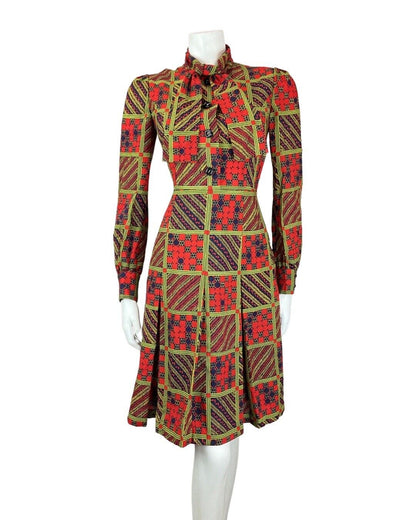 VINTAGE 60s 70s RED GREEN BLACK GEOMETRIC CHECKED PUSSYBOW SHIRT DRESS 8