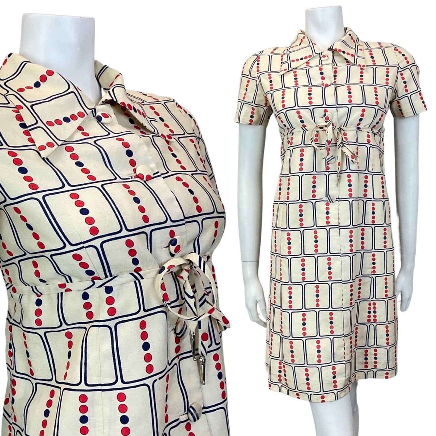VINTAGE 60s 70s CREAM BLUE RED GEOMETRIC DOTTY DAGGER COLLAR MOD SHIRT DRESS 12