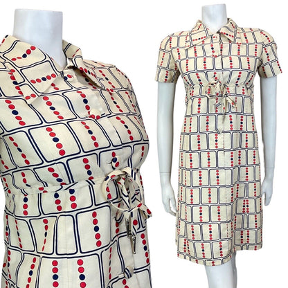VINTAGE 60s 70s CREAM BLUE RED GEOMETRIC DOTTY DAGGER COLLAR MOD SHIRT DRESS 12