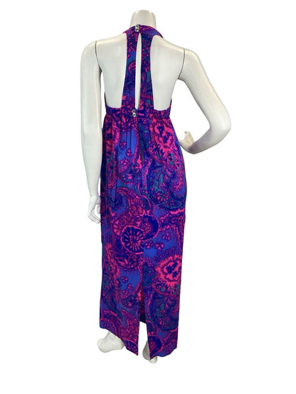 VTG 70s PINK PURPLE TRIPPY PAISLEY PSYCHEDELIC PATTERN BACKLESS MAXI DRESS 4 6