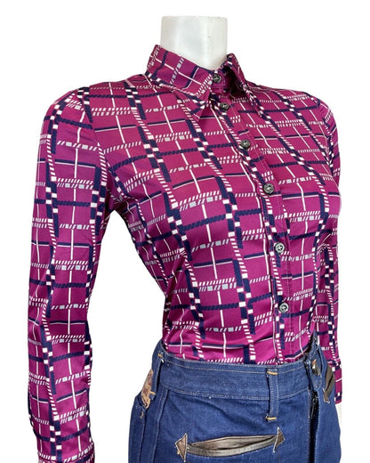 VINTAGE 60s 70s PURPLE BLUE WHITE GRID CHECKED MOD DAGGER SHIRT BLOUSE 10 12