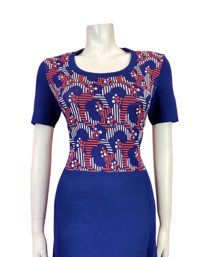 VINTAGE 60s 70s BLUE RED WHITE GEOMETRIC DOTTY MOD KNITTED DRESS 12 14