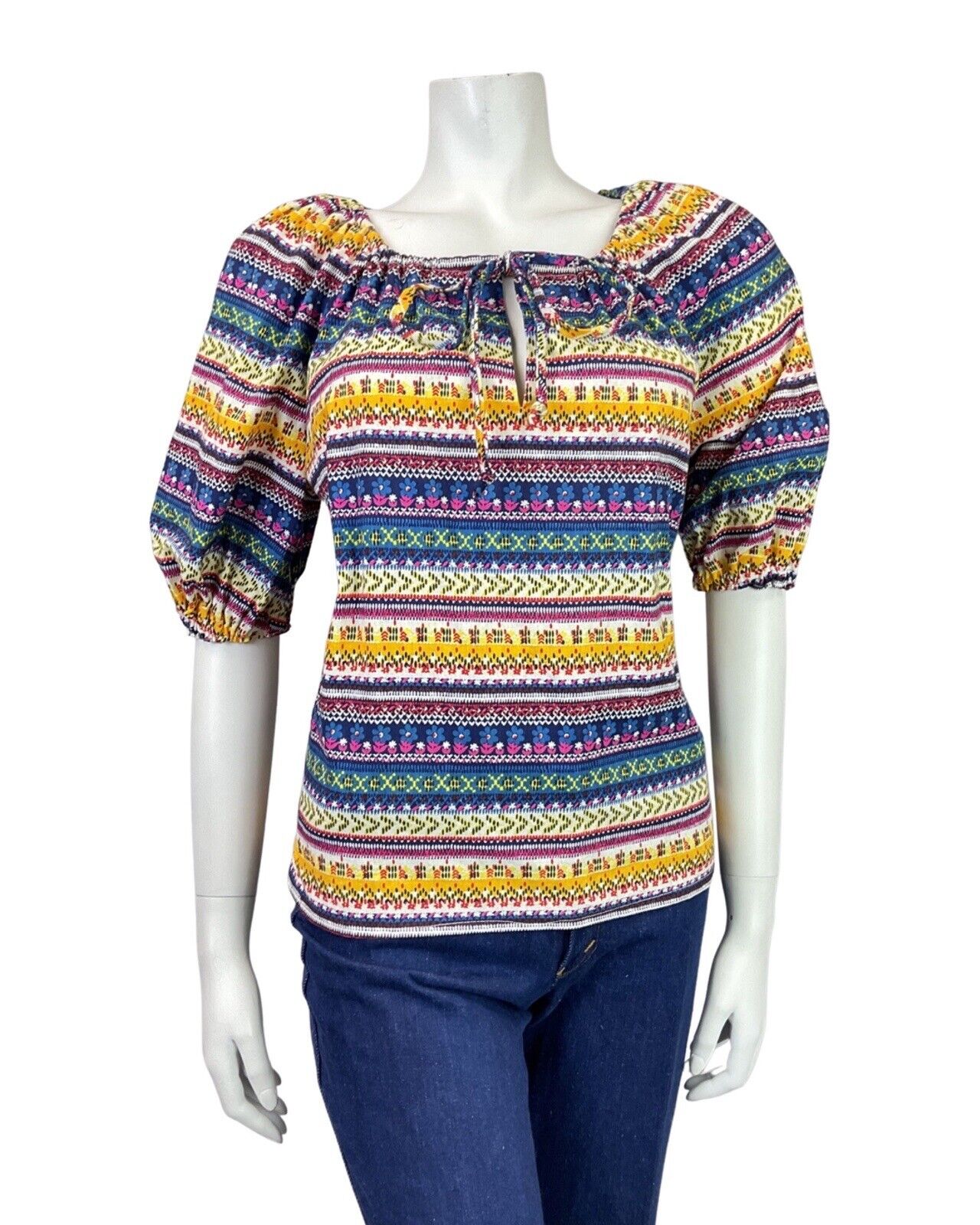 VTG 70s BLUE YELLOW PINK STRIPED DAISY GEOMETRIC PUFF SLEEVE BOHO BLOUSE 12 14