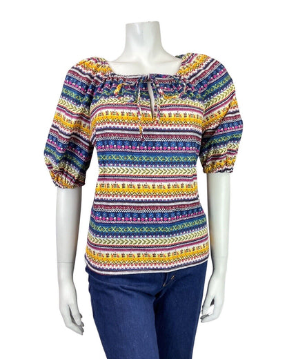 VTG 70s BLUE YELLOW PINK STRIPED DAISY GEOMETRIC PUFF SLEEVE BOHO BLOUSE 12 14