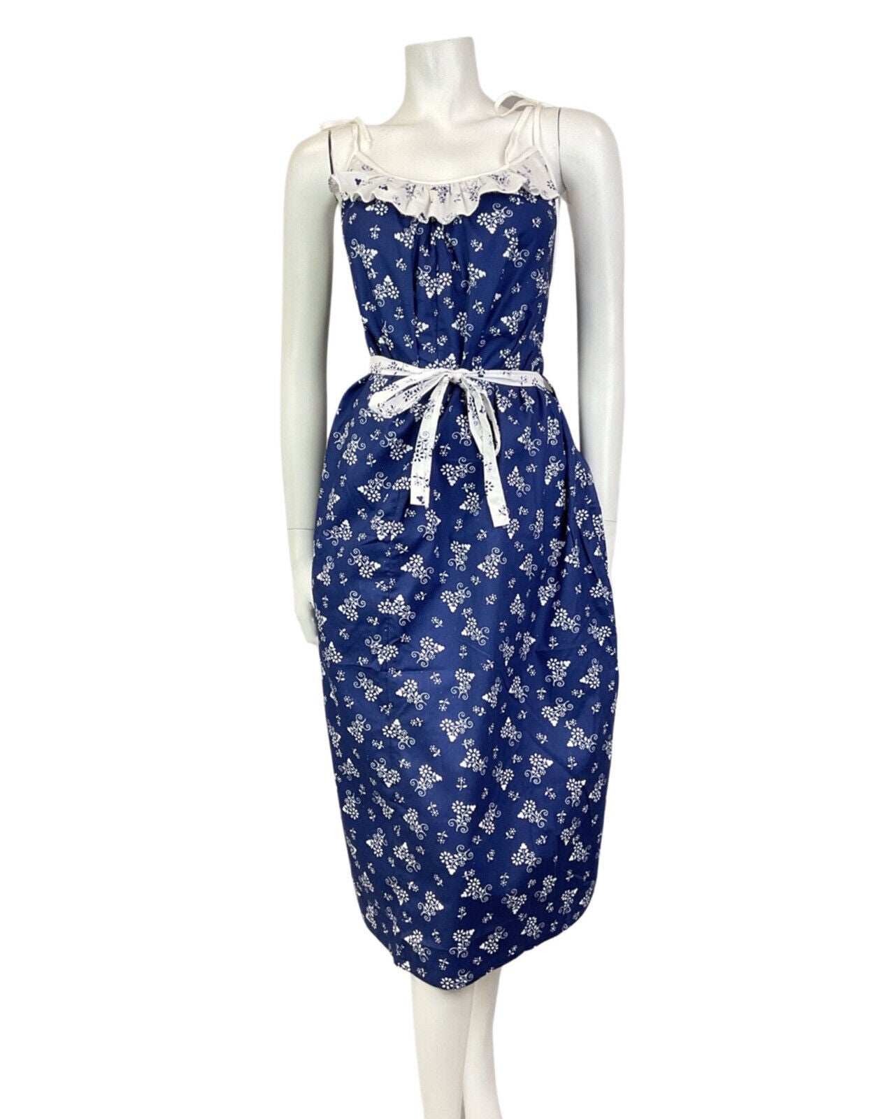 VINTAGE 70s BLUE WHITE FLORAL GRAPE VINE BOHO PRAIRIE SUMMER SUN-DRESS 18 20