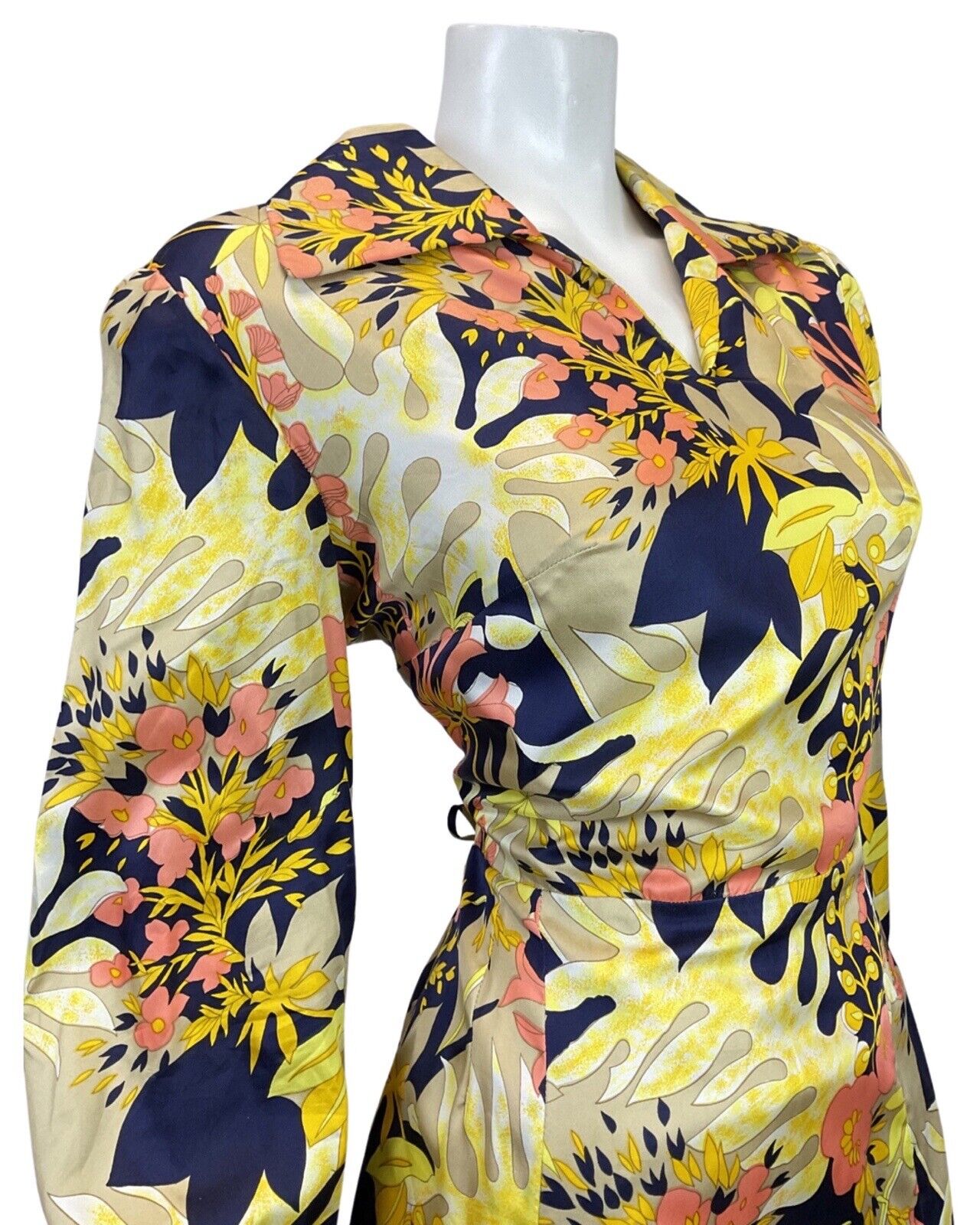 VINTAGE 60s 70s YELLOW BLUE BEIGE PSYCHEDELIC FLORAL PALM LEAF SHIRT DRESS 16