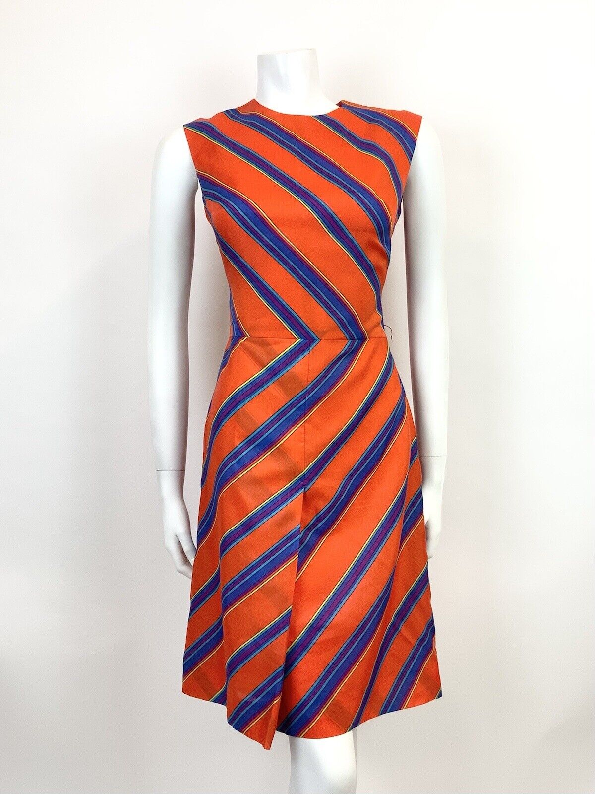 VINTAGE 60s 70s ORANGE BLUE PURPLE STRIPED GEOMETRIC SLEEVELESS MOD DRESS 10