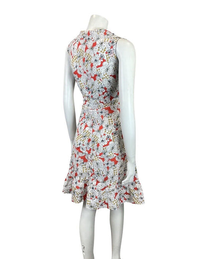 VINTAGE 60s 70s RED WHITE BLACK FLORAL PSYCH DROP-WAIST DAGGER SHIRT DRESS 8