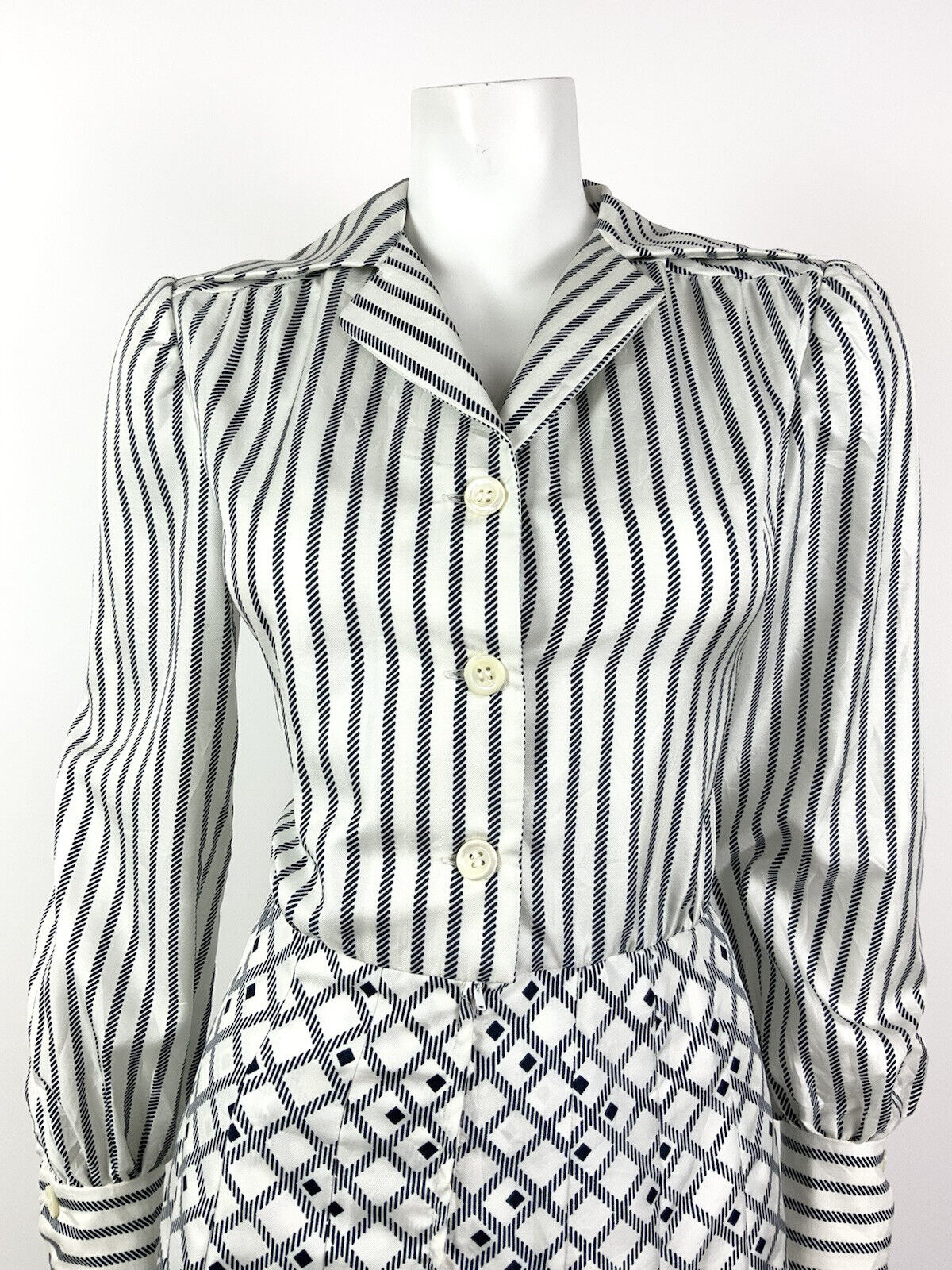 VINTAGE 60s 70s WHITE BLUE NAUTICAL STRIPED CHECKED DAGGER COLLAR SHIRT DRESS 10