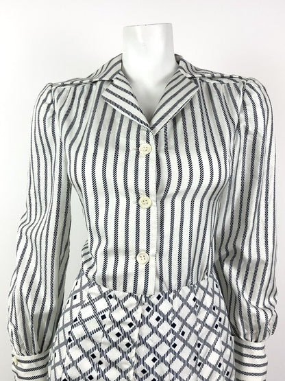 VINTAGE 60s 70s WHITE BLUE NAUTICAL STRIPED CHECKED DAGGER COLLAR SHIRT DRESS 10