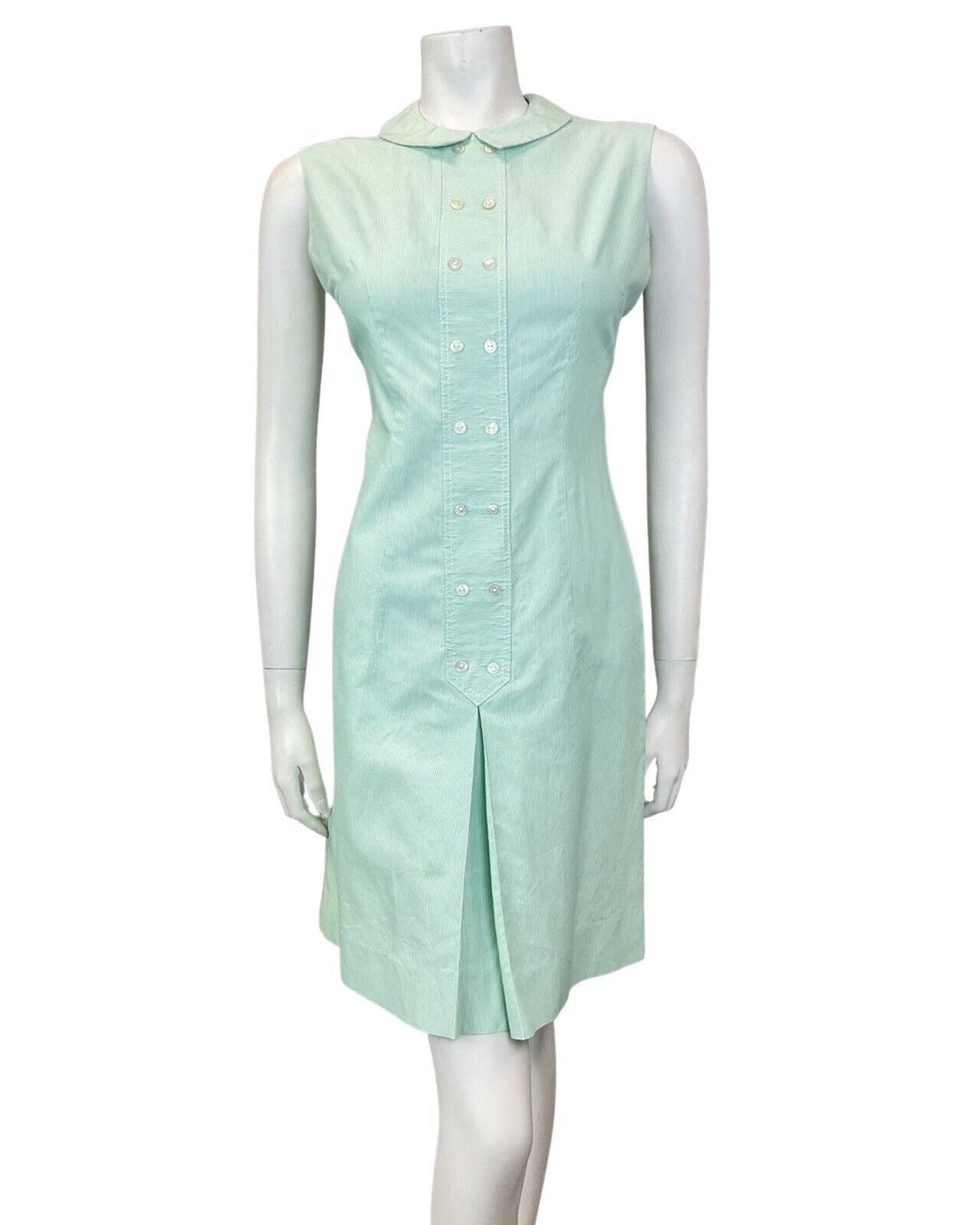 VINTAGE 60s 70s MINT GREEN WHITE PIN-STRIPE PETER PAN SLEEVELESS DRESS 12