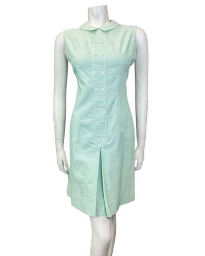 VINTAGE 60s 70s MINT GREEN WHITE PIN-STRIPE PETER PAN SLEEVELESS DRESS 12