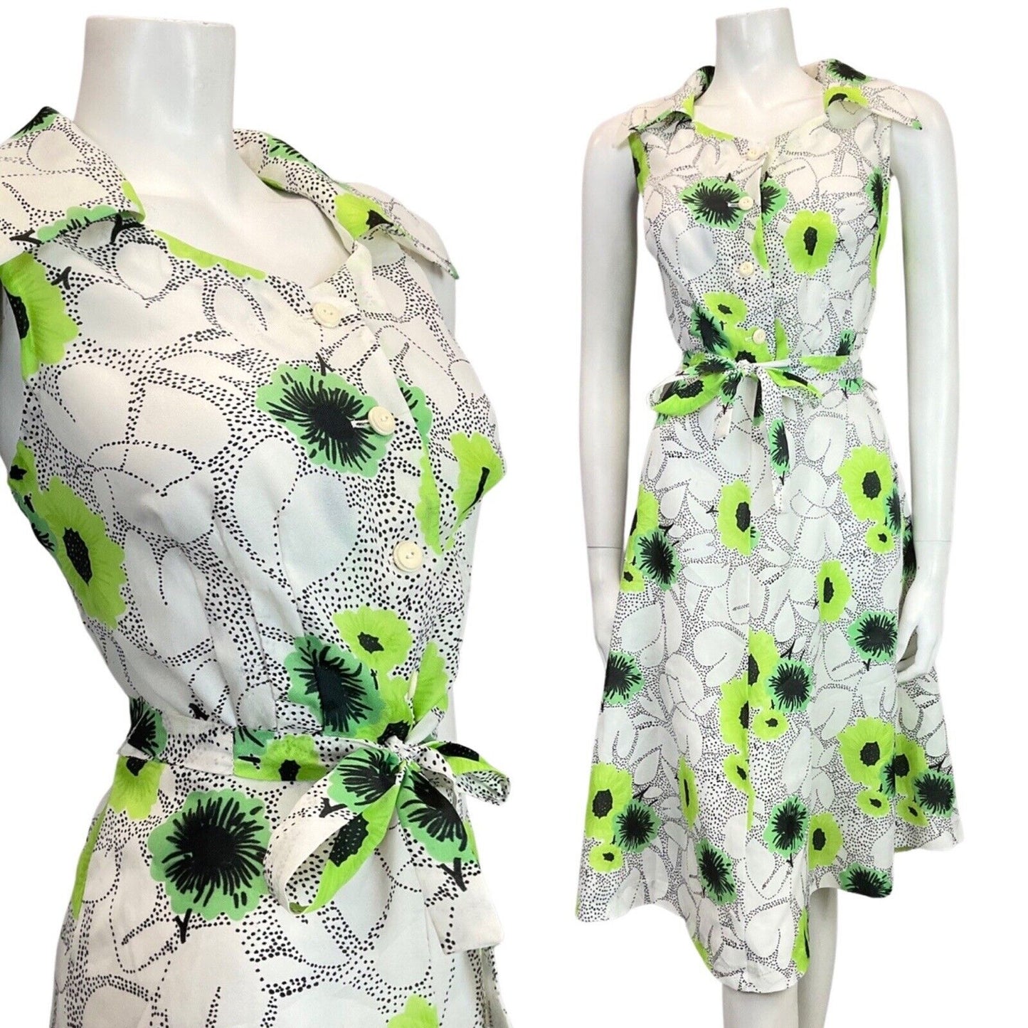 VINTAGE 60s 70s WHITE BLACK LIME GREEN DOTTY FLORAL SLEEVELESS SWING DRESS 10
