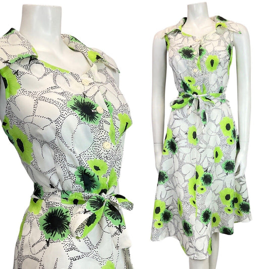 VINTAGE 60s 70s WHITE BLACK LIME GREEN DOTTY FLORAL SLEEVELESS SWING DRESS 10