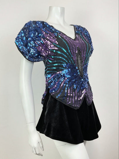VINTAGE 70s BLUE PURPLE TEAL SEQUIN FLORAL STUDIO 54 DISCO GLAM BLOUSE TOP 8