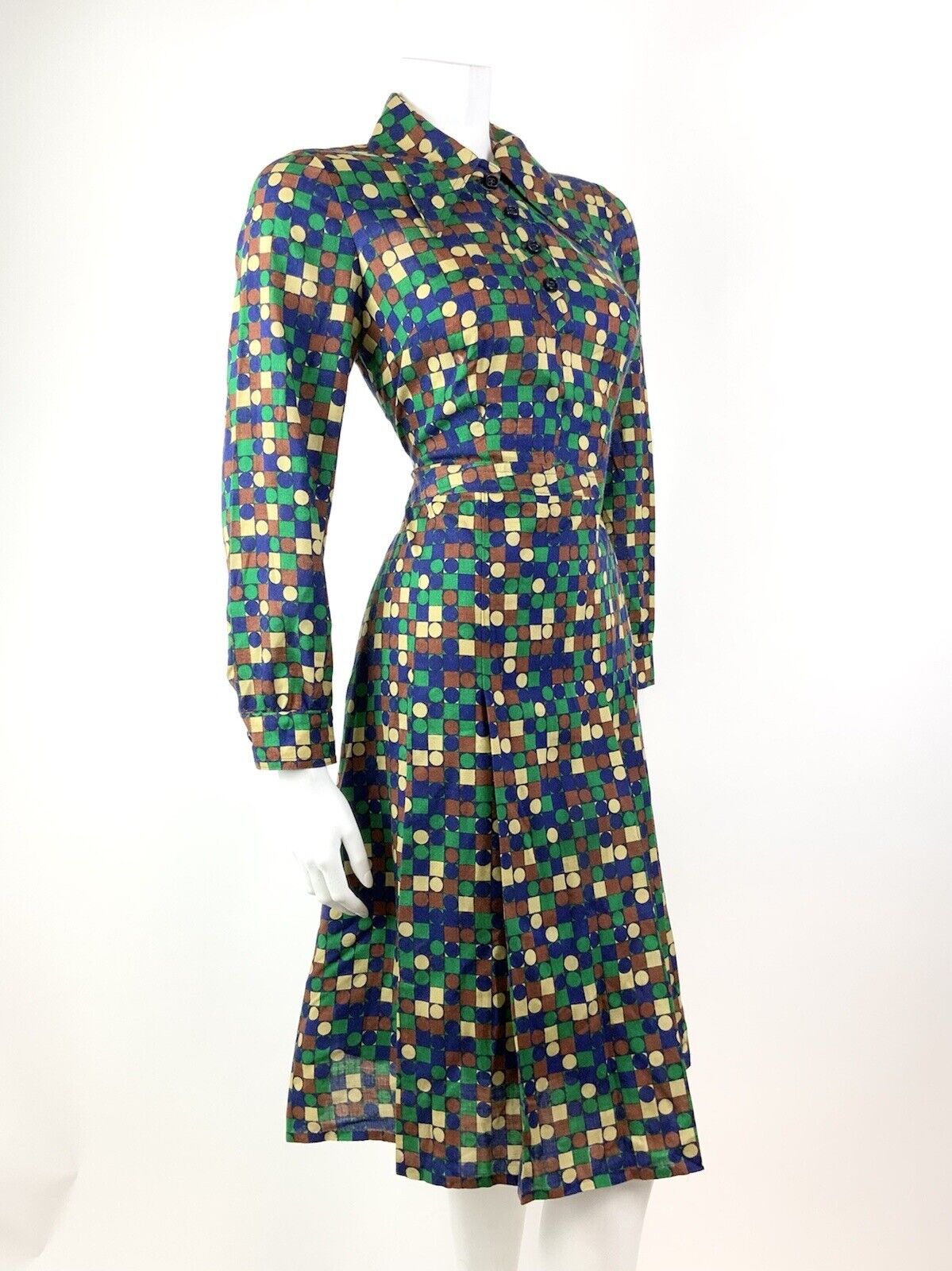 VINTAGE 60s 70s GREEN BLUE BROWN GEOMETRIC CHECKED DOTTY DAGGER SHIRT DRESS 12