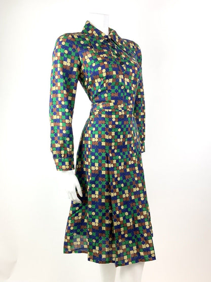 VINTAGE 60s 70s GREEN BLUE BROWN GEOMETRIC CHECKED DOTTY DAGGER SHIRT DRESS 12