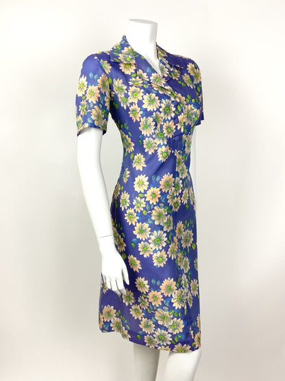 VINTAGE 60s 70s PURPLE PEACH BLUE YELLOW FLORAL DAGGER COLLAR SHIRT DRESS 12 14